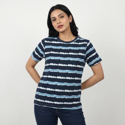 Women's Navy Blue Round Neck Striped Regular T-Shirt