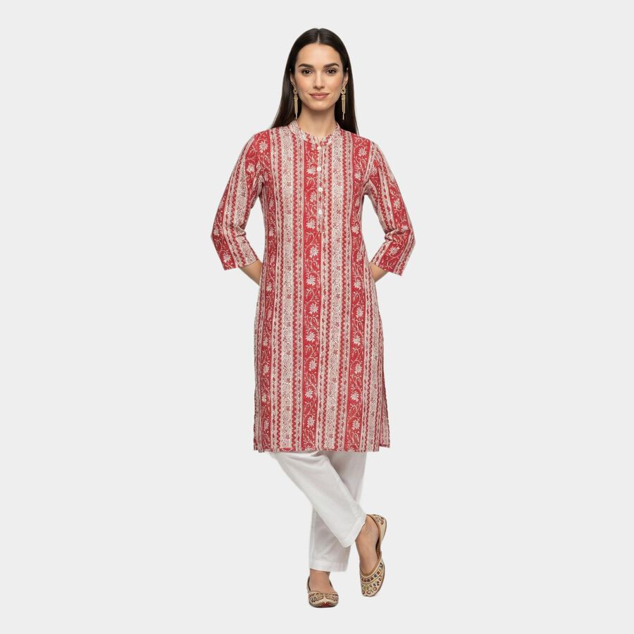 Women's Pink Band Collar Printed Straight Kurta, गुलाबी, large