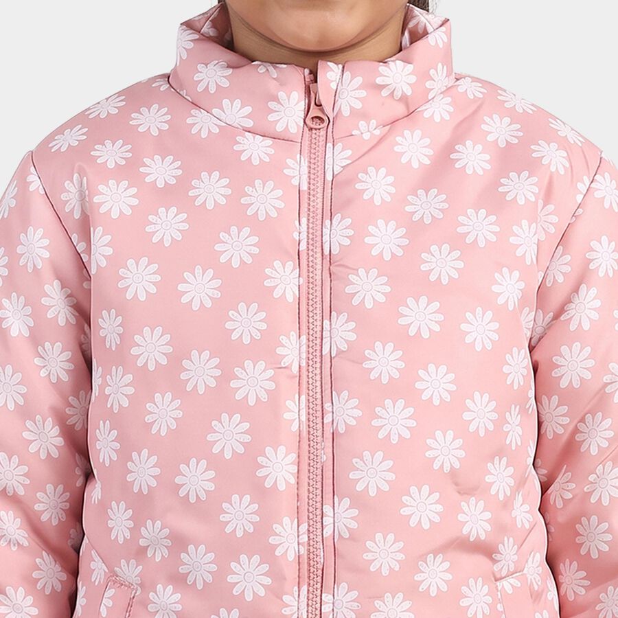 Girls' Pink Stand Collar Puffer Jacket, Pink, large