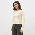 Women's Off White Round Neck Casual Top, ऑफ व्हाइट, small