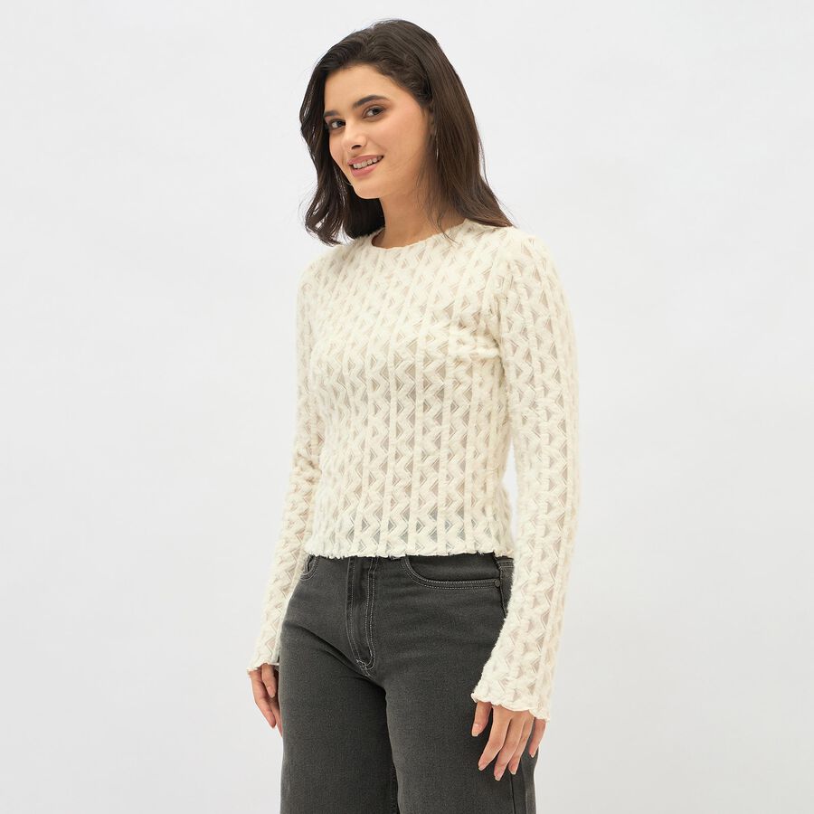 Women's Off White Round Neck Casual Top, ऑफ व्हाइट, large
