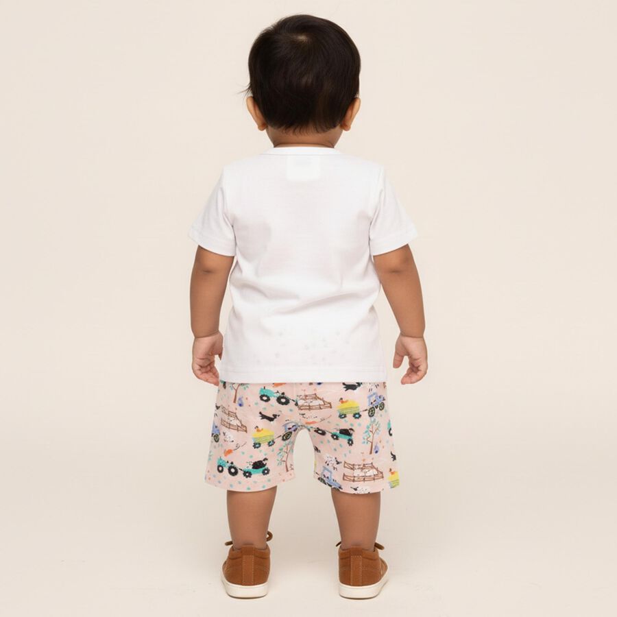 Infants' White Cotton Round Neck Tractor Print Baba Suit, Beige, large