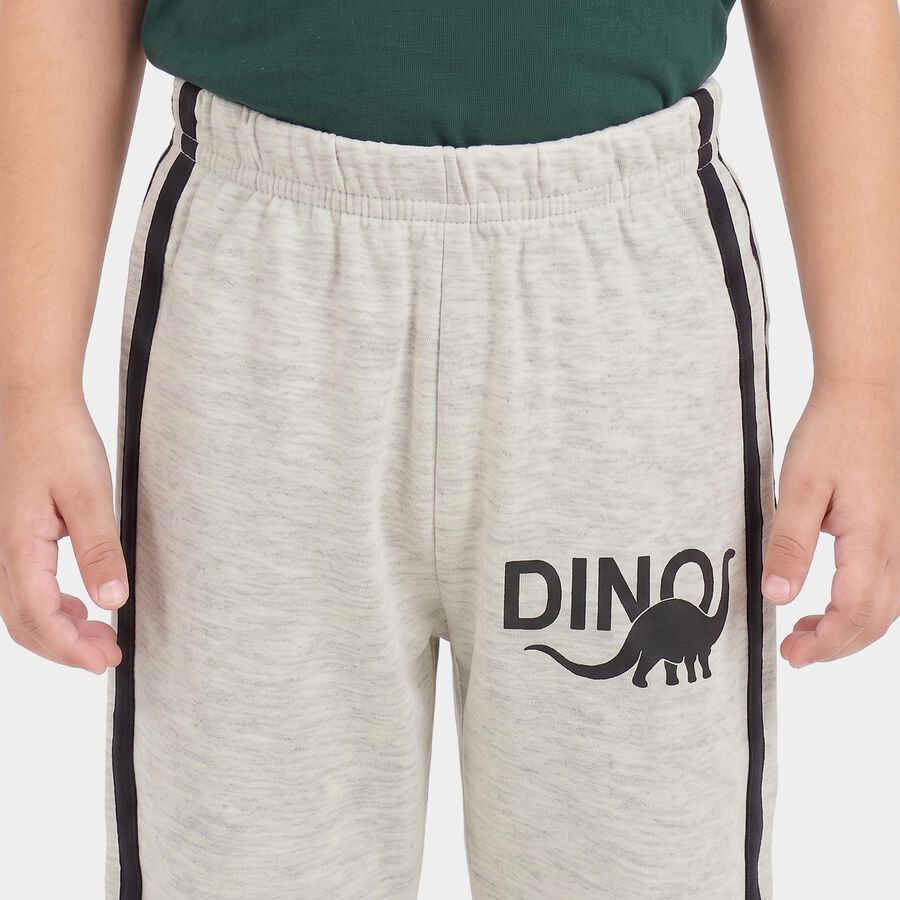 Boys' Ecru Melange Straight Fit Dino Printed Cotton Blend Pyjama, Ecru Melange, large