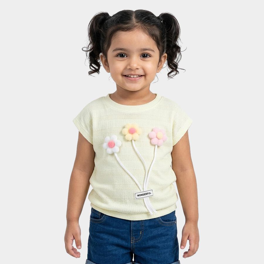 Girls Yellow Round Neck Casual T-Shirt, Yellow, large
