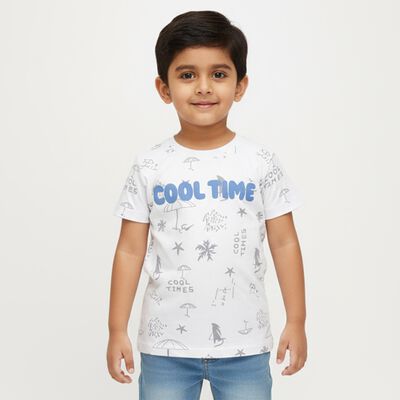 Boys White Cotton Round Neck Casual T-Shirt
