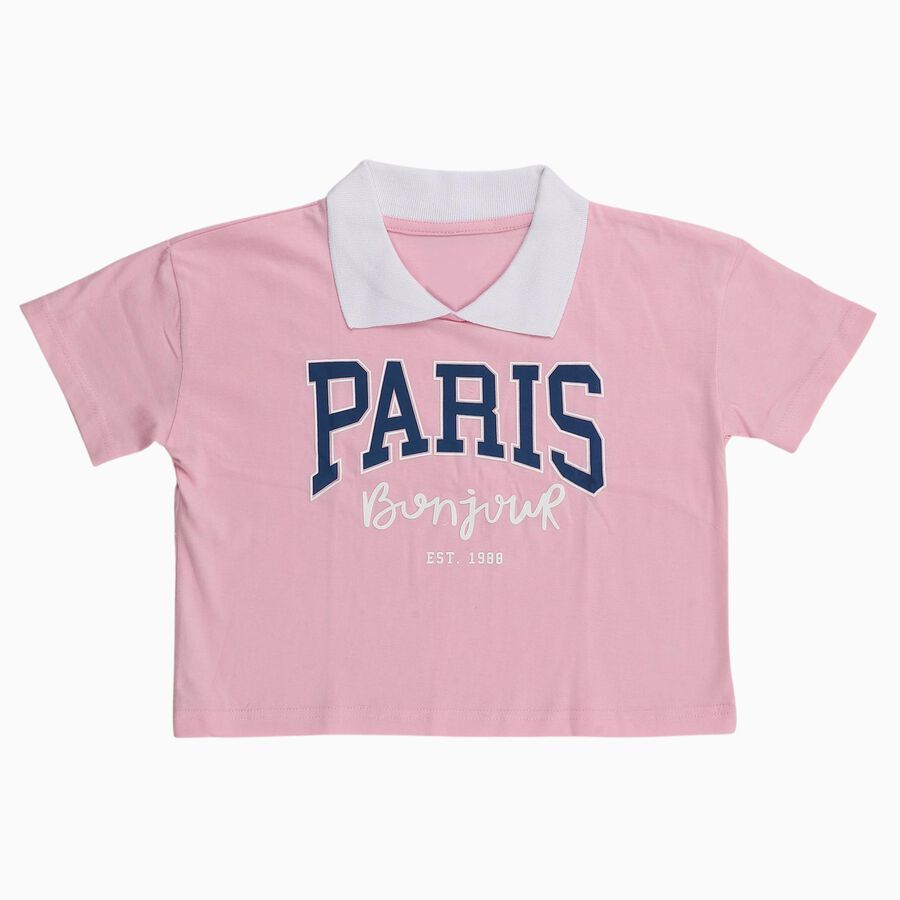Girls Light Pink Cotton Polo Neck Graphic T-Shirt, हल्का गुलाबी, large image number null