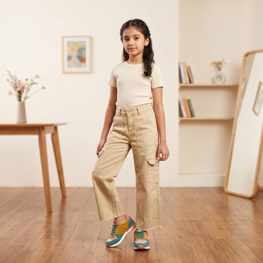 Girls' Beige Relaxed Fit Cargo Jeans, Off White, large