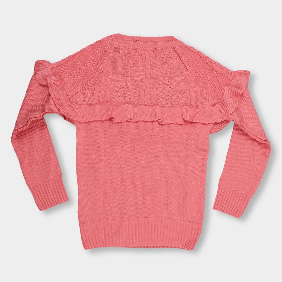 Girls Bright Coral Pink Round Neck Ruffle Sleeve Pullover, Pink, large image number null