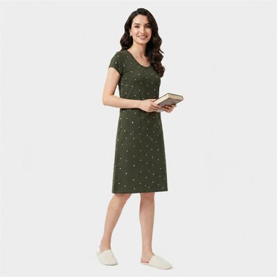 Women's Olive Green Round Neck T-Shirt Style Nighty
