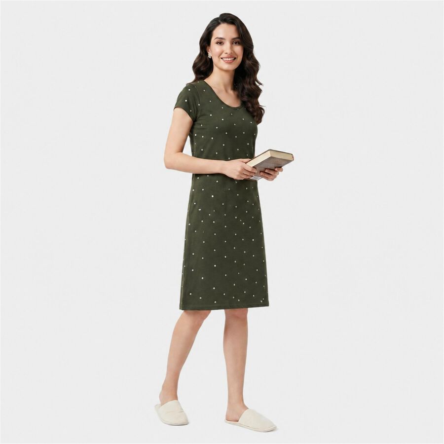 Women's Olive Green Round Neck T-Shirt Style Nighty, Olive, large