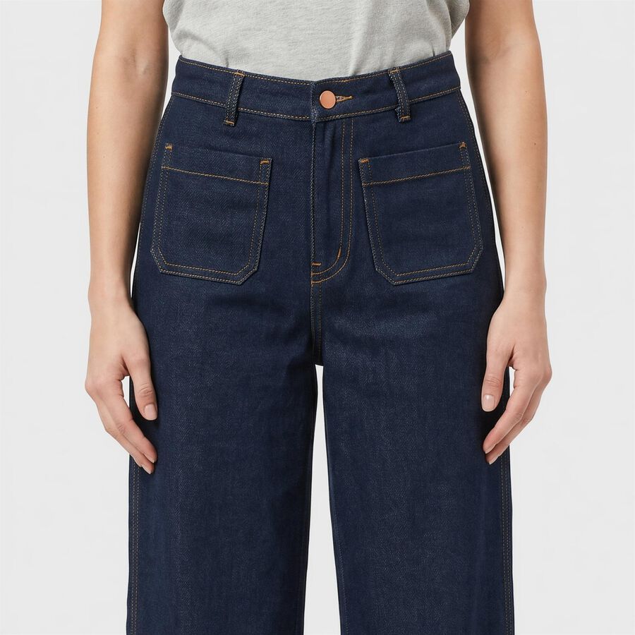 Women's Navy Blue Wide Leg High-Rise Patch Pocket Jeans, Dark Blue, large