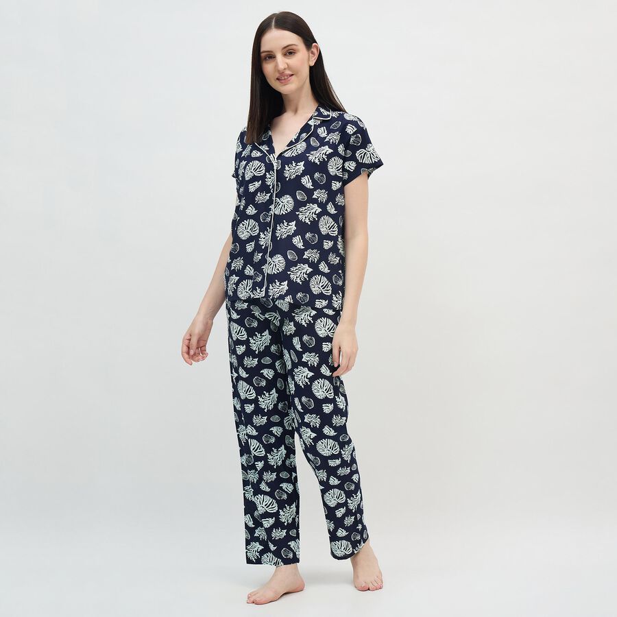 Women's Midnight Navy Blue Notch Neck Printed Night Suit, Navy Blue, large image number null