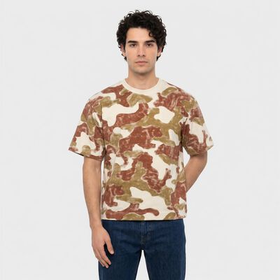 Men's Off White-Color Round Neck Camouflage Regular T-Shirt