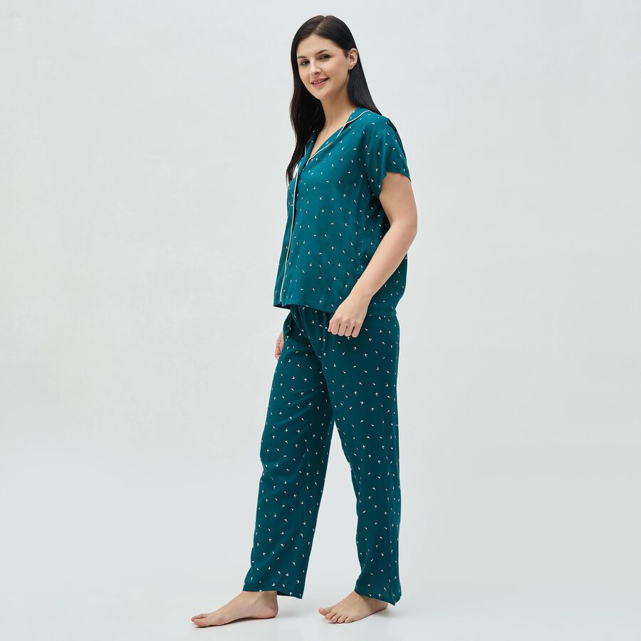 Women's Dark Teal Green Button-Down Printed Night Suit, Dark Green, large