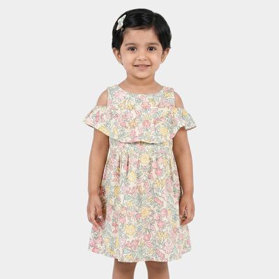Girls' Off White Floral Printed Fit and Flare Frock