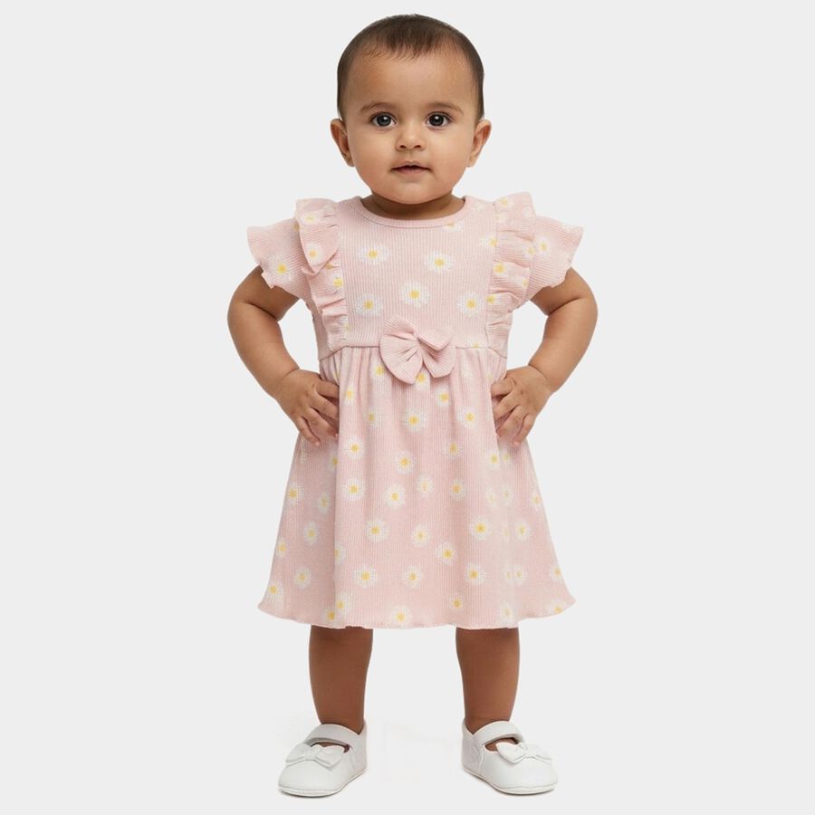 Infants' Pink Regular Fit Daisy Printed Ruffle Sleeve Frock, Light Pink, large