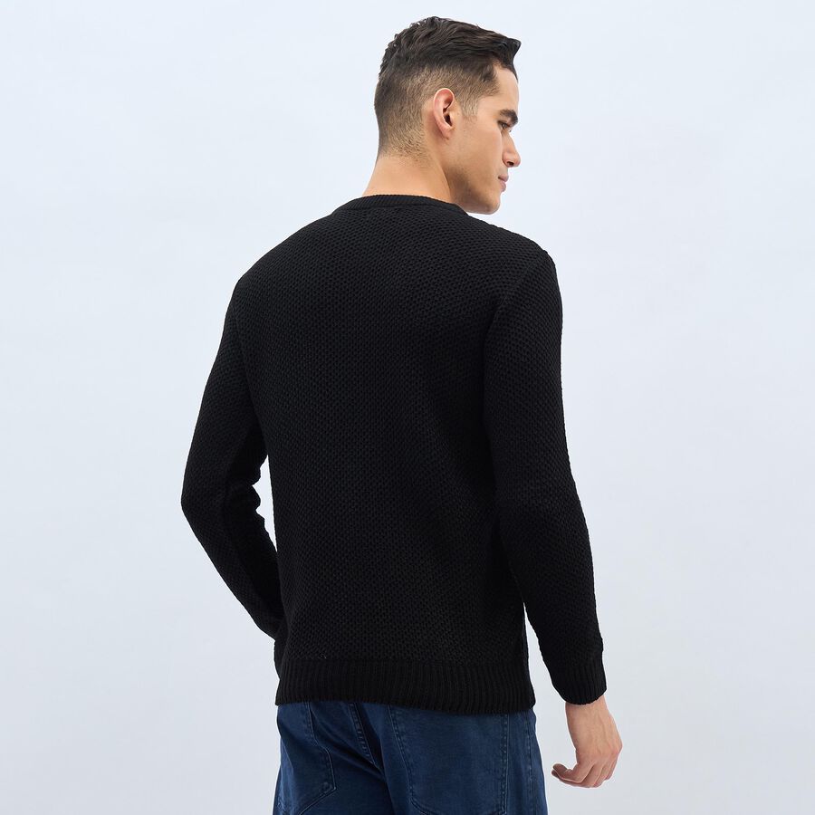 Men's Jet Black Crew Neck Casual Pullover, Black, large image number null