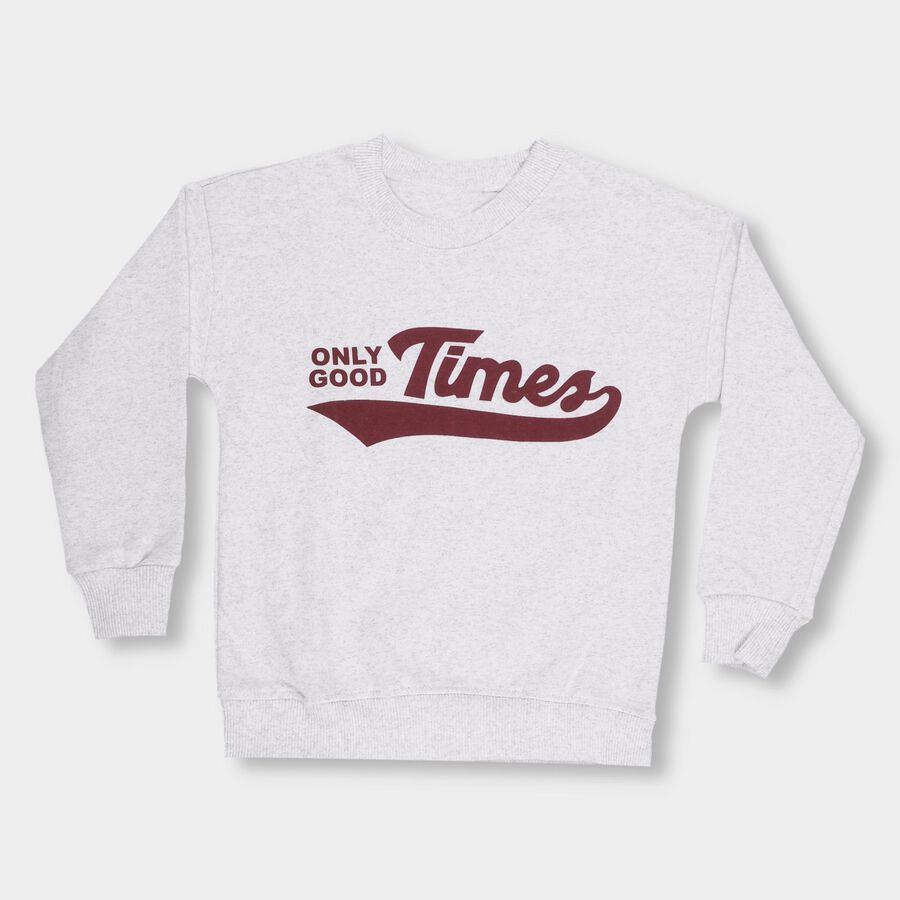 Boys Light Grey Cotton Crew Neck Casual Sweatshirt, Ecru Melange, large image number null