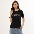 Women's Jet Black Cotton Round Neck Casual T-Shirt, काला, small image number null