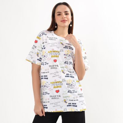 Women's White Cotton Round Neck Casual Printed T-Shirt