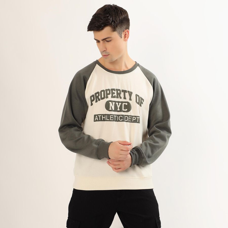 Men's White and Olive Green Crew Neck Casual Sweatshirt, Off White, large image number null