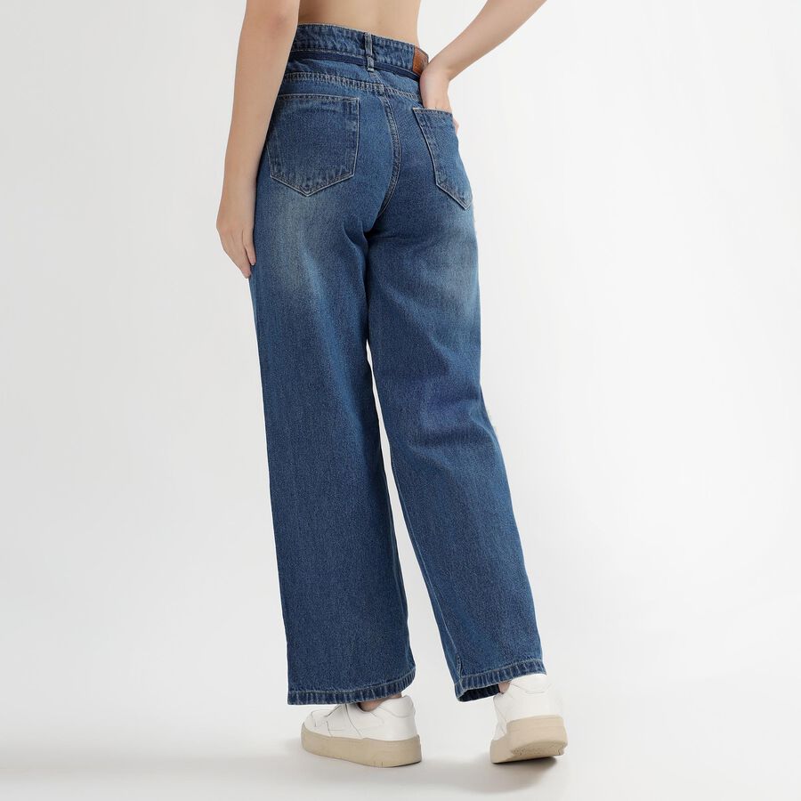 Women's Stonewashed Blue Wide Leg High Waist Jeans, Dark Blue, large image number null