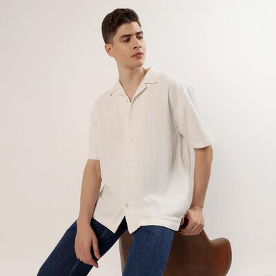 Men's Off White Half Sleeve Cuban Collar Casual Shirt