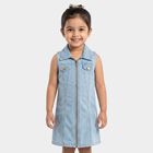 Girls' Light Blue Shift Zip Front Denim Look Frock, हल्का नीला, small