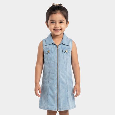 Girls' Light Blue Shift Zip Front Denim Look Frock