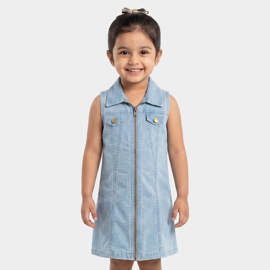 Girls' Light Blue Shift Zip Front Denim Look Frock, हल्का नीला, large