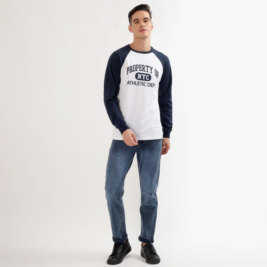 Men's Navy Blue and White Crew Neck Casual Graphic T-Shirt, Mid Blue, large image number null