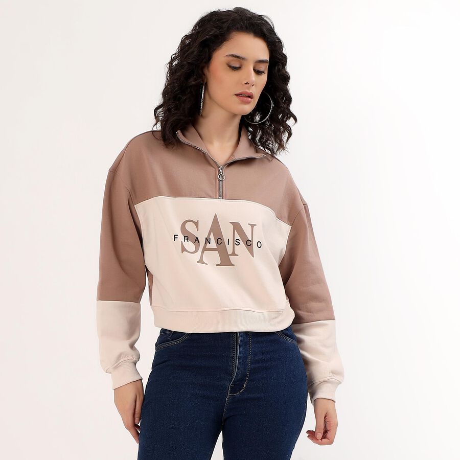Women's Beige and Brown High Neck Casual Sweatshirt, भूरा, large image number null