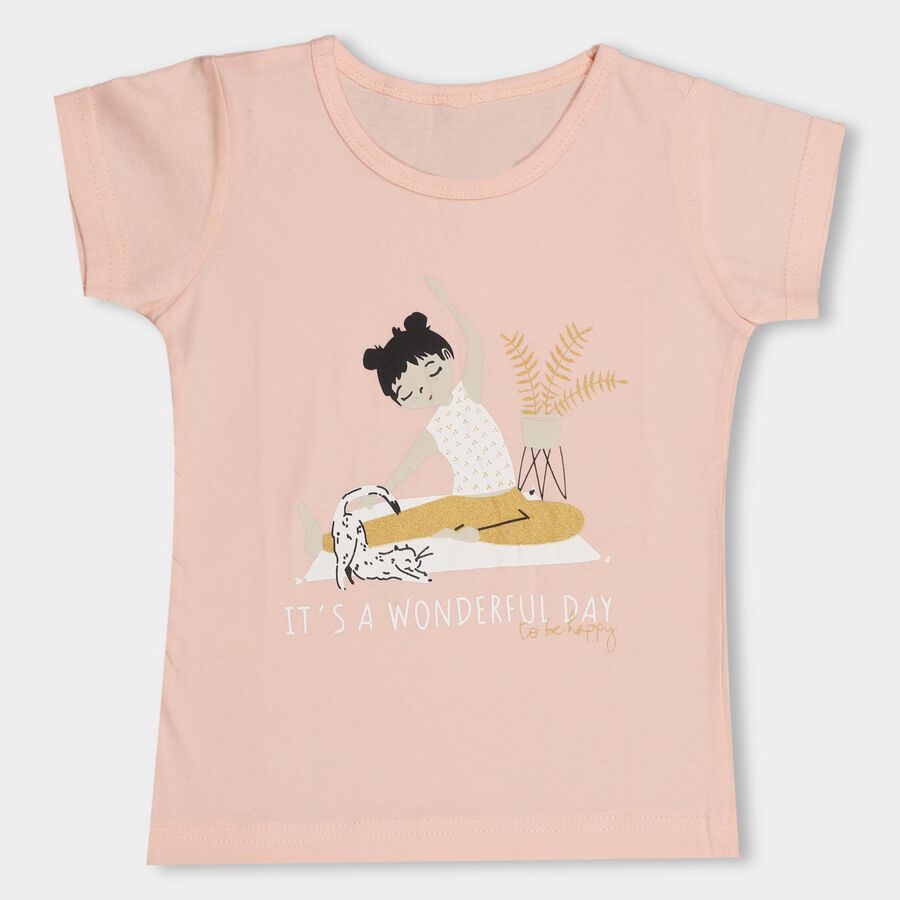 Girls Soft Pink Cotton Crew Neck Short Sleeve T-Shirt, पीच, large image number null