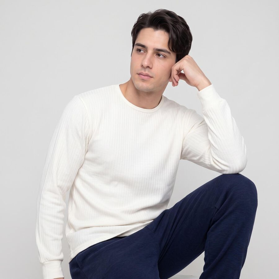 Men's Cream Long Sleeve Thermal, ऑफ व्हाइट, large