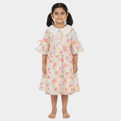 Girls' Pastel Floral Cotton Blend Bell Sleeve Frock