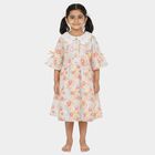 Girls' Pastel Floral Cotton Blend Bell Sleeve Frock, Off White, small image number null