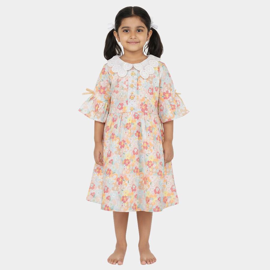 Girls' Pastel Floral Cotton Blend Bell Sleeve Frock, Off White, large image number null