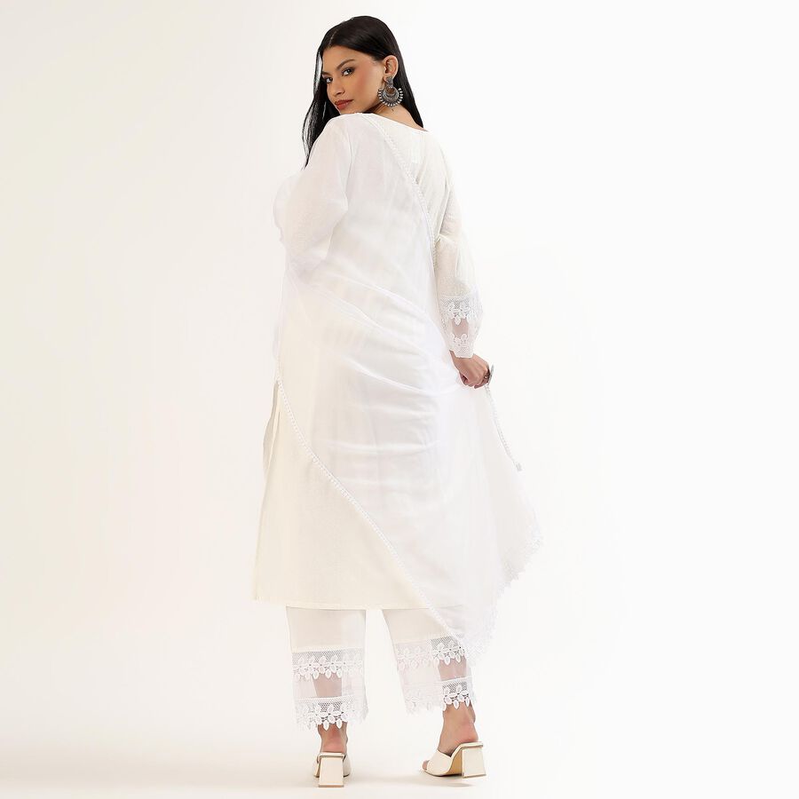 Women's White Cotton Embroidered Ethnic Set, Off White, large