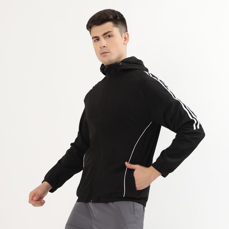 Men's Jet Black Hooded Athleisure Jacket, Black, large image number null