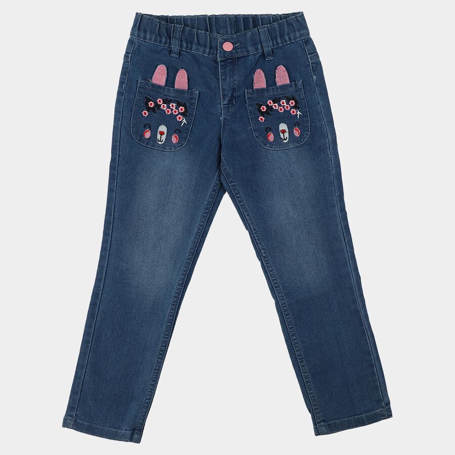 Girls Light Blue Straight Fit Bunny Embroidered Jeans, Light Blue, large