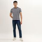 Men's Navy and White Round Neck Striped T-Shirt, Navy Blue, small image number null