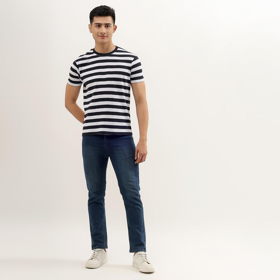 Men's Navy and White Round Neck Striped T-Shirt, Navy Blue, large image number null