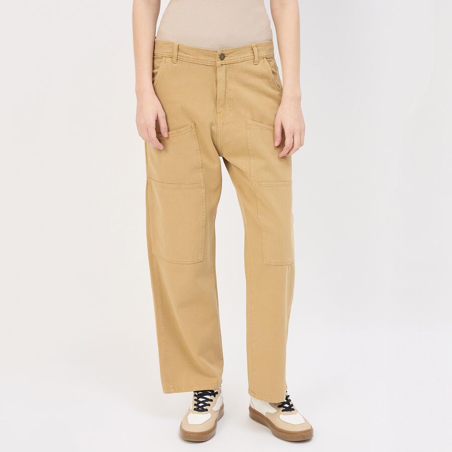 Women's Cotton High-Rise Straight Fit Trousers, Beige, large