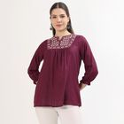 Women's Deep Wine Red Round Neck Embroidered Kurti, Wine, small image number null
