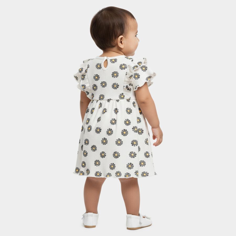 Infants' White Daisy Print Ruffle Sleeve Cotton Frock, Off White, large
