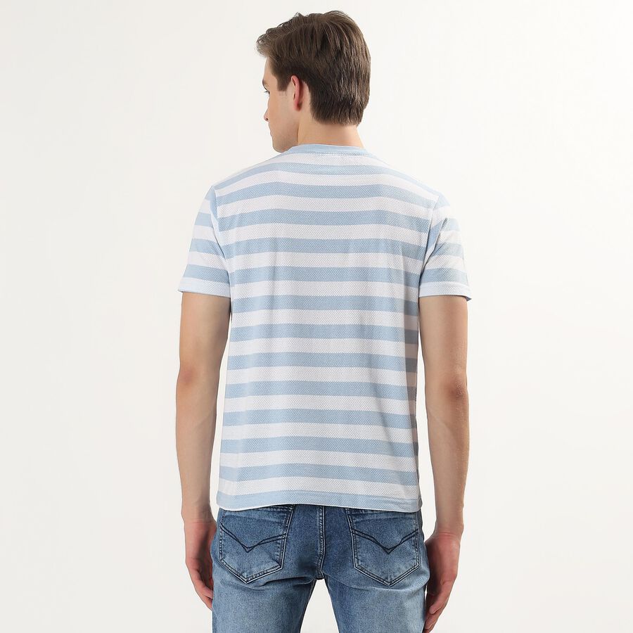 Men's Light Blue Round Neck Horizontal Striped T-Shirt, स्काई ब्लू, large