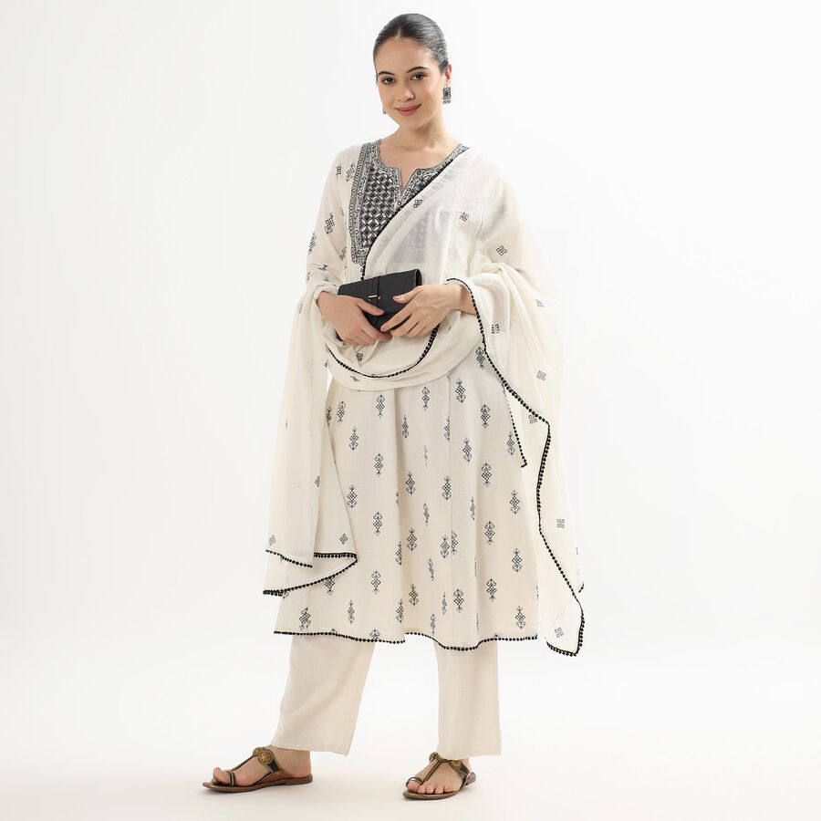 Women's Eggshell White Embroidered Notch Neck Flared Kurta, Off White, large image number null