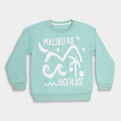 Girls Light Mint Green Crew Neck Casual Sweatshirt