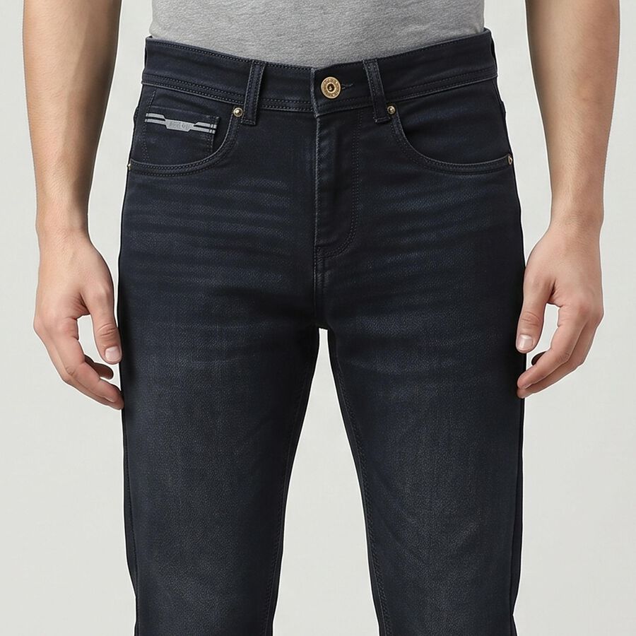 Men's Navy Blue Slim Fit Washed Jeans, गहरा नीला, large