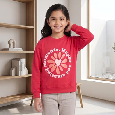 Girls Fuchsia Crew Neck Pullover Sweatshirt